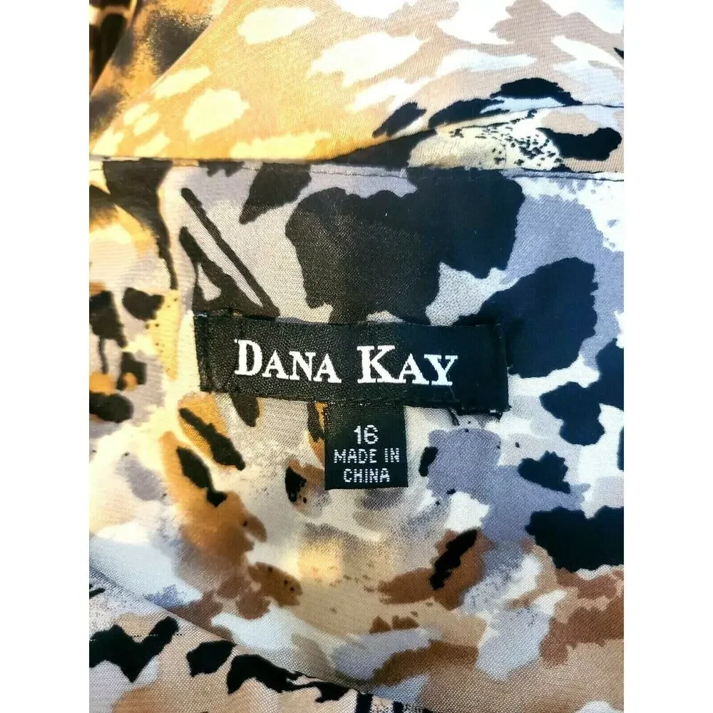 Dana Kay Satin Brown Black Animal Print Cap Sleeve Pleated Top Skirt Set Sz 16